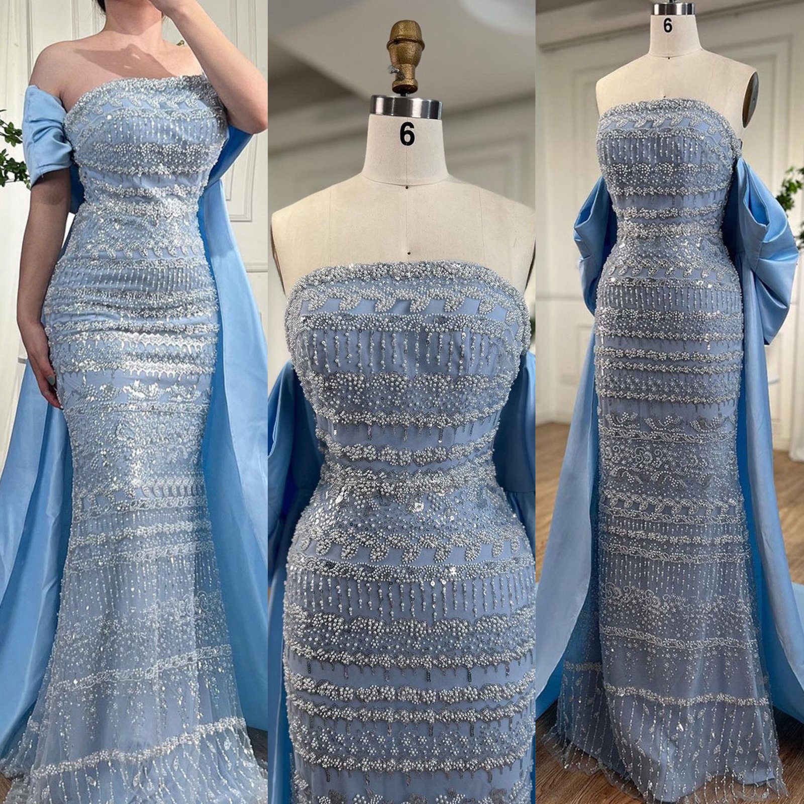 Elegant Blue Sequin & Beaded Strapless Gown with Flowing Cape