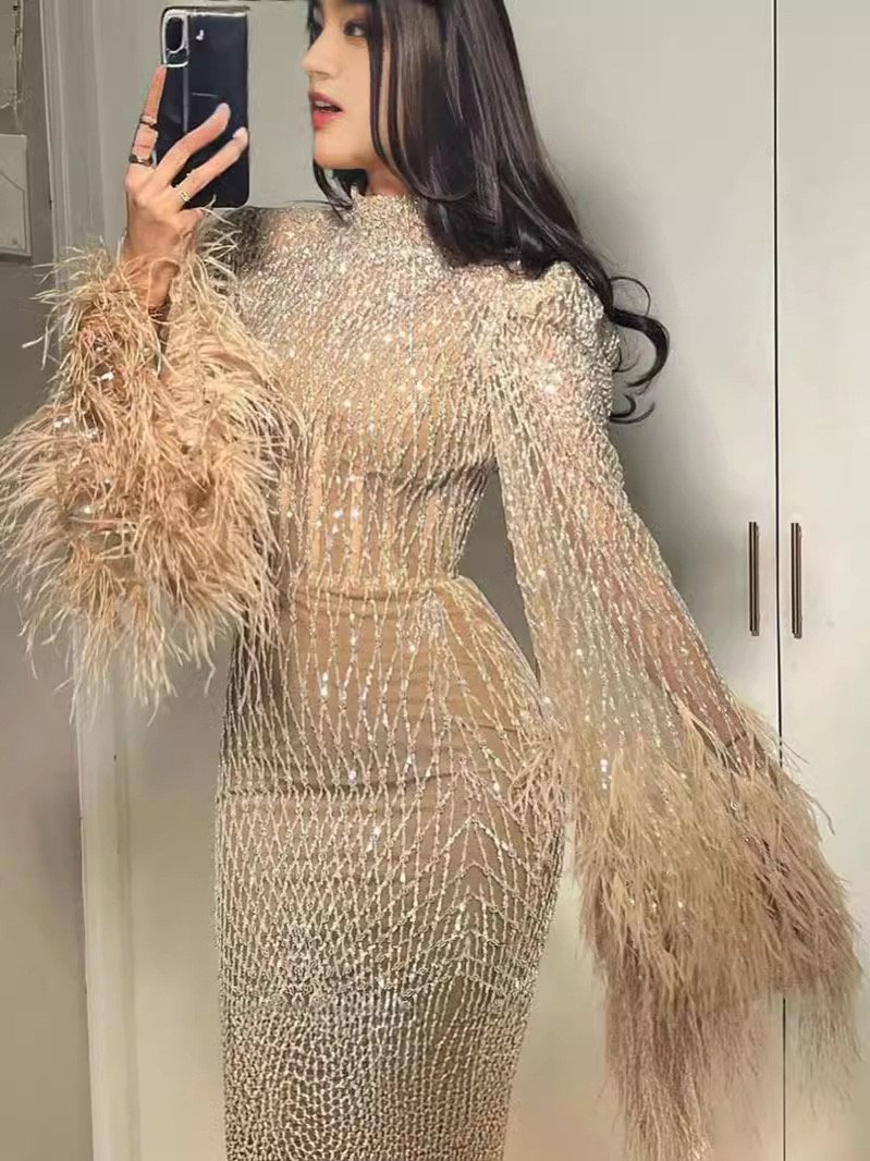 Glamorous Gold Sequin and Feather Sleeve Dress